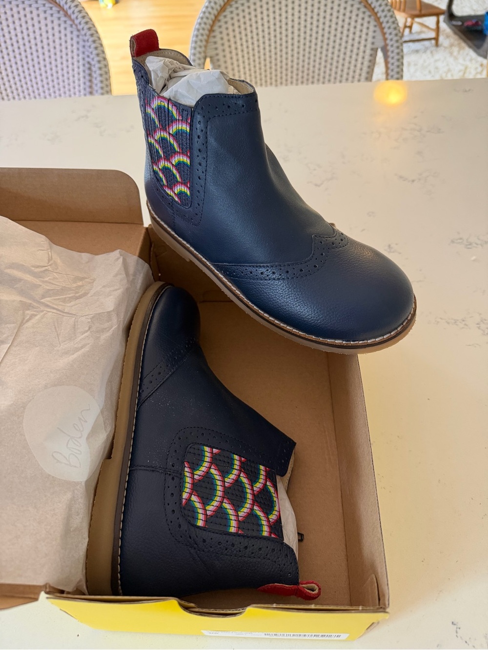 Boden College Navy Leather Chelsea Boots with Rainbow Size 36 NIB